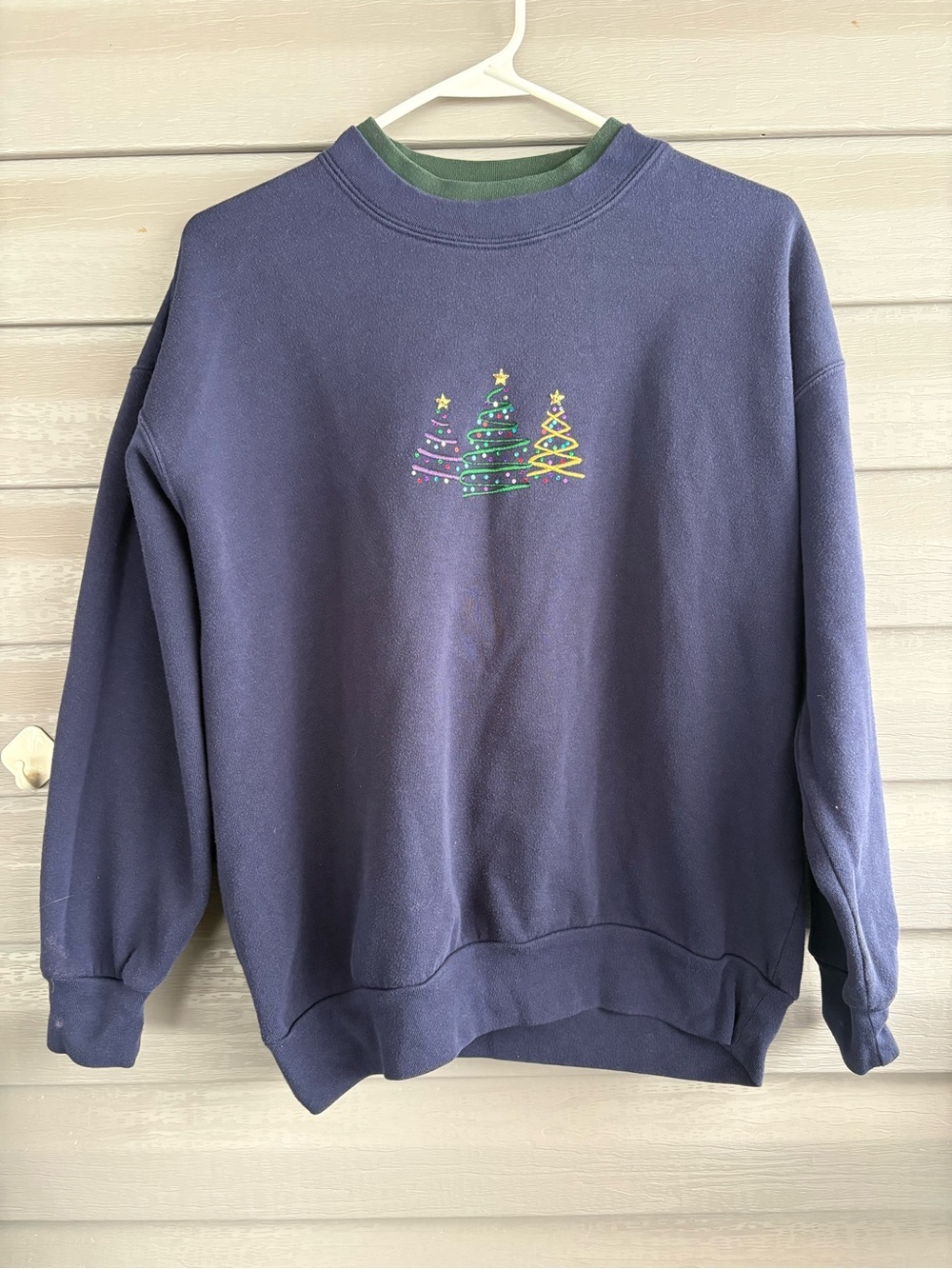 Women’s Navy Crewneck Sweatshirt with Festive Tree Embroidery